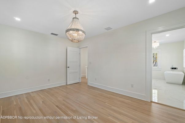 Bathroom, Chandelier, Empty room, Interior, Recessed Lighting, Wood Texture Flooring