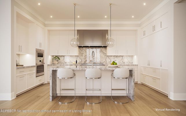 Interior, Kitchen, Marble Walls, Pendant Lights, Recessed Lighting, Stainless Steel Appliances, Wood Texture Flooring