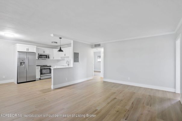 Interior, Kitchen, Pendant Lights, Stainless Steel Appliances, Wood Texture Flooring