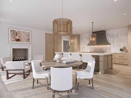 Chandelier, Dining room, Fireplace, Interior, Marble Walls, Pendant Lights, Recessed Lighting, Wood Texture Flooring