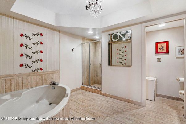 Bathroom, Chandelier, Glass Shower, Interior, Recessed Lighting, Wood Texture Flooring