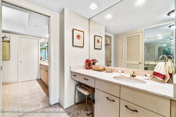 Bathroom, Dual Sink Vanities, Interior, Recessed Lighting, Wood Texture Flooring