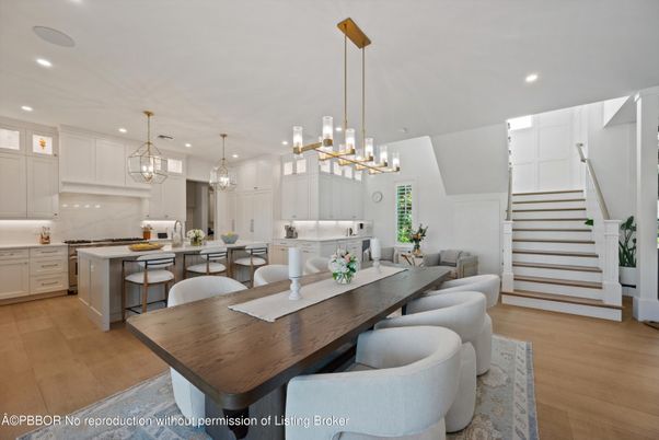 Dining room, Interior, Kitchen, Pendant Lights, Recessed Lighting, Stainless Steel Appliances, Wood Texture Flooring