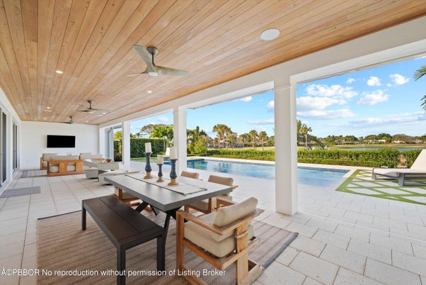 Dining room, Interior, Pool, Recessed Lighting, Wooden Ceilings