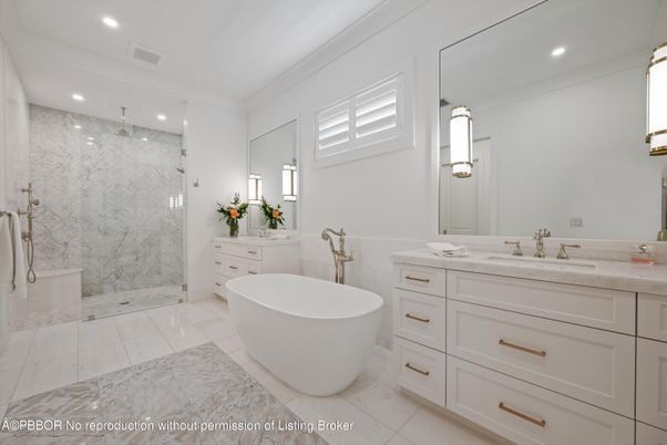 Bathroom, Dual Sink Vanities, Free Standing Baths, Glass Shower, Interior, Marble, Marble Walls, Recessed Lighting