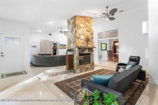 Fireplace, Interior, Living room, Recessed Lighting, Stone Walls