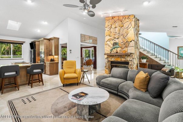Fireplace, Interior, Living room, Recessed Lighting, Stone Walls