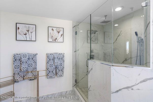 Bathroom, Glass Shower, Interior, Marble Walls, Recessed Lighting, Wood Texture Flooring