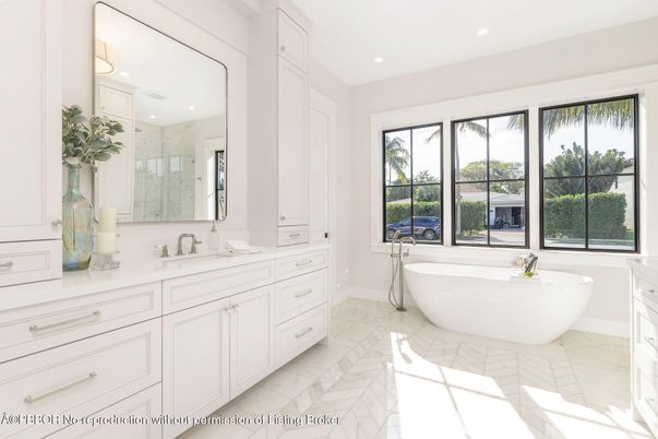 Bathroom, Dual Sink Vanities, Free Standing Baths, Interior, Marble, Marble Walls, Recessed Lighting