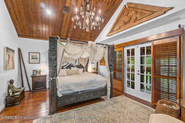Bedroom, Chandelier, Interior, Recessed Lighting, Wooden Ceilings, Wood Texture Flooring