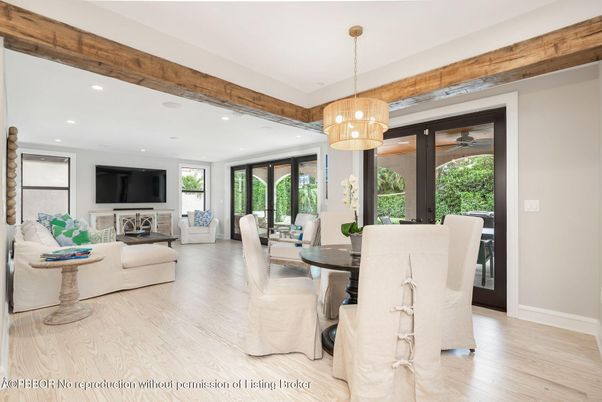 Chandelier, Dining room, Interior, Living room, Recessed Lighting, Wooden Beams, Wood Texture Flooring