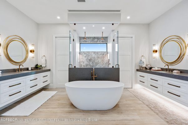 Bathroom, Dual Sink Vanities, Free Standing Baths, Interior, Recessed Lighting, Wood Texture Flooring