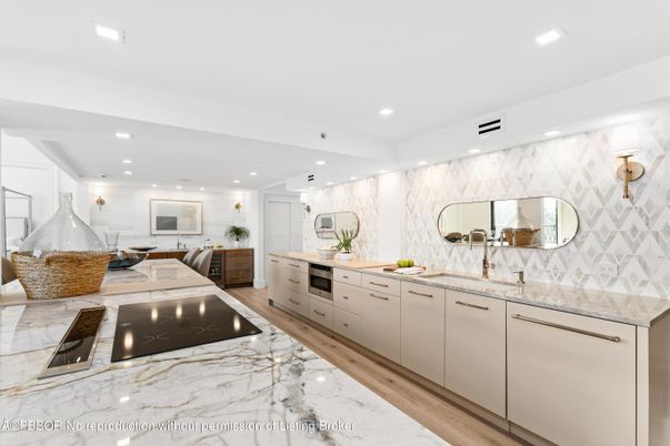 Interior, Kitchen, Marble, Recessed Lighting, Wood Texture Flooring