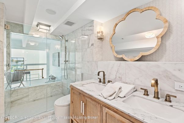 Bathroom, Dual Sink Vanities, Glass Shower, Interior, Marble Walls