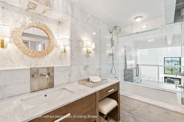 Bathroom, Dual Sink Vanities, Glass Shower, Interior, Marble Walls, Recessed Lighting
