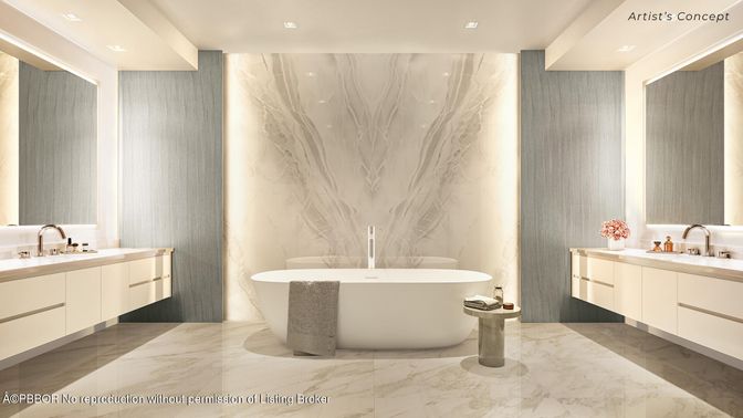 Bathroom, Dual Sink Vanities, Free Standing Baths, Interior, Marble, Marble Walls, Recessed Lighting