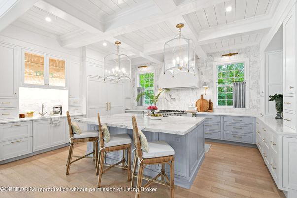 Interior, Kitchen, Marble Walls, Pendant Lights, Recessed Lighting, Wood Texture Flooring