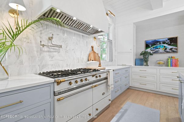 Interior, Kitchen, Marble Walls, Stainless Steel Appliances, Wood Texture Flooring
