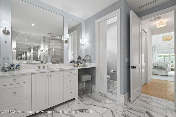 Bathroom, Dual Sink Vanities, Interior, Marble, Recessed Lighting, Wood Texture Flooring