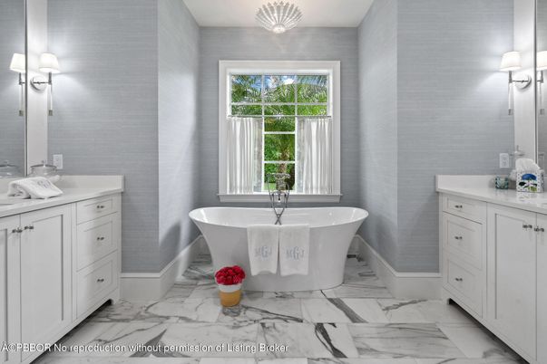 Bathroom, Dual Sink Vanities, Free Standing Baths, Interior, Marble, Pendant Lights
