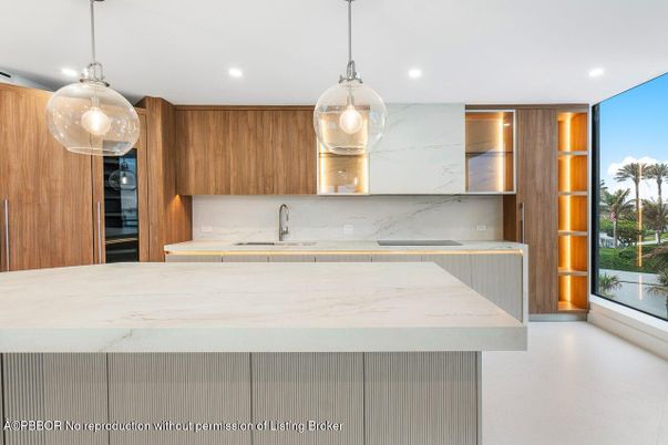 Interior, Kitchen, Marble Walls, Pendant Lights, Recessed Lighting