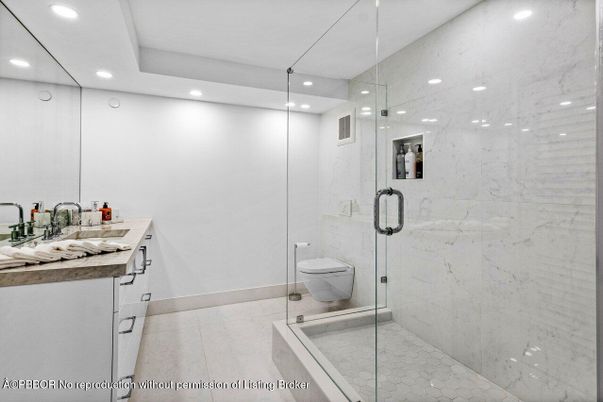 Bathroom, Glass Shower, Interior, Marble Walls, Recessed Lighting