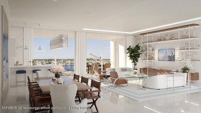 Dining room, Interior, Living room, Marble Walls, Pendant Lights, Recessed Lighting, Water