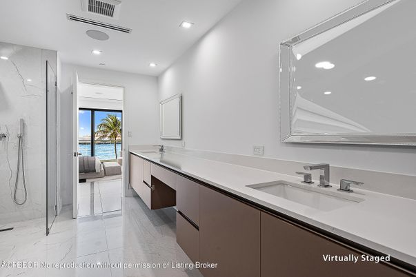 Bathroom, Dual Sink Vanities, Glass Shower, Interior, Marble, Recessed Lighting