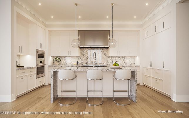 Interior, Kitchen, Marble Walls, Pendant Lights, Recessed Lighting, Stainless Steel Appliances, Wood Texture Flooring