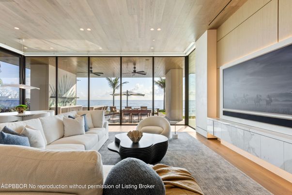 Dining room, Interior, Living room, Pendant Lights, Recessed Lighting, Water, Wooden Ceilings, Wood Texture Flooring