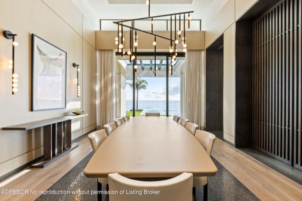 Dining room, Interior, Pendant Lights, Water, Wood Texture Flooring