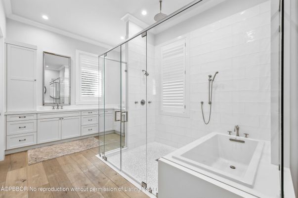 Bathroom, Dual Sink Vanities, Glass Shower, Interior, Recessed Lighting, Wood Texture Flooring