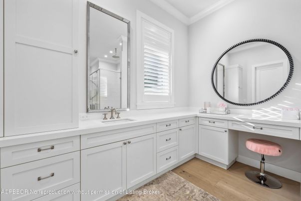 Bathroom, Dual Sink Vanities, Interior, Recessed Lighting, Wood Texture Flooring