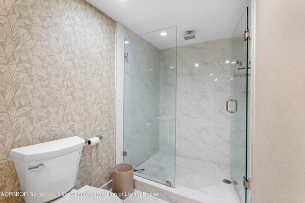 Bathroom, Glass Shower, Interior, Marble Walls, Recessed Lighting