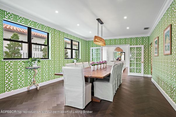 Dining room, Interior, Pendant Lights, Recessed Lighting, Wood Texture Flooring