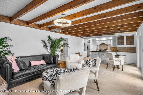 Dining room, Interior, Living room, Pendant Lights, Wooden Beams, Wood Texture Flooring