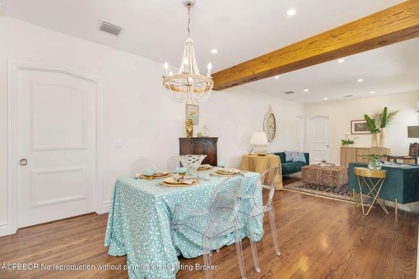 Chandelier, Dining room, Interior, Living room, Recessed Lighting, Wooden Beams, Wood Texture Flooring
