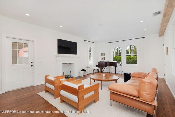 Fireplace, Interior, Living room, Piano, Recessed Lighting, Wooden Beams, Wood Texture Flooring