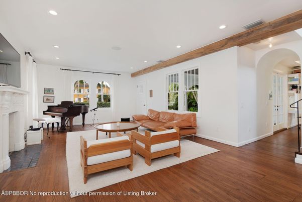 Fireplace, Interior, Living room, Piano, Recessed Lighting, Wooden Beams, Wood Texture Flooring