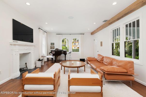Fireplace, Interior, Living room, Piano, Recessed Lighting, Wooden Beams, Wood Texture Flooring