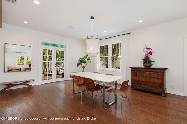Dining room, Interior, Pendant Lights, Recessed Lighting, Wood Texture Flooring