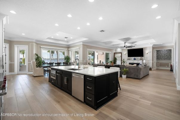 Dining room, Interior, Kitchen, Living room, Recessed Lighting, Wood Texture Flooring