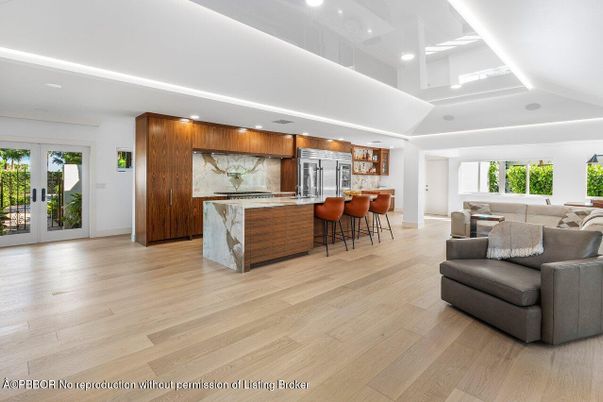 Interior, Kitchen, Living room, Marble Walls, Recessed Lighting, Stainless Steel Appliances, Wood Texture Flooring
