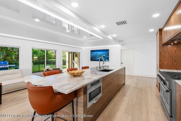 Interior, Kitchen, Living room, Recessed Lighting, Stainless Steel Appliances, Wood Texture Flooring