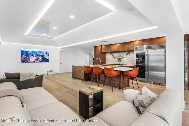 Interior, Kitchen, Living room, Marble Walls, Recessed Lighting, Stainless Steel Appliances, Wood Texture Flooring