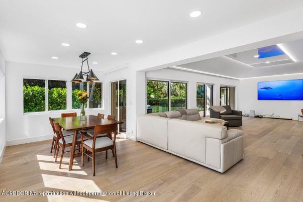 Dining room, Interior, Living room, Pendant Lights, Recessed Lighting, Wood Texture Flooring