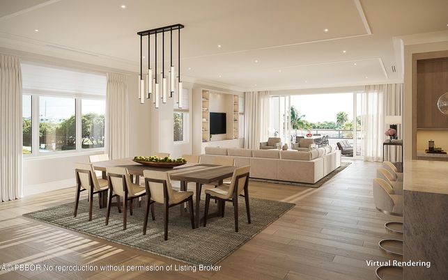 Dining room, Interior, Living room, Pendant Lights, Recessed Lighting, Wood Texture Flooring