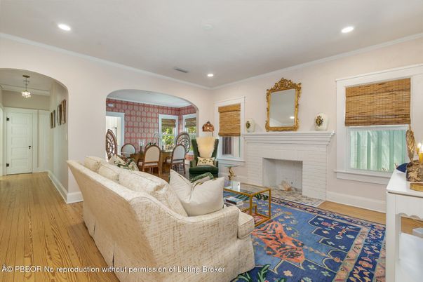 Dining room, Fireplace, Interior, Living room, Pendant Lights, Recessed Lighting, Stone Walls, Wood Texture Flooring
