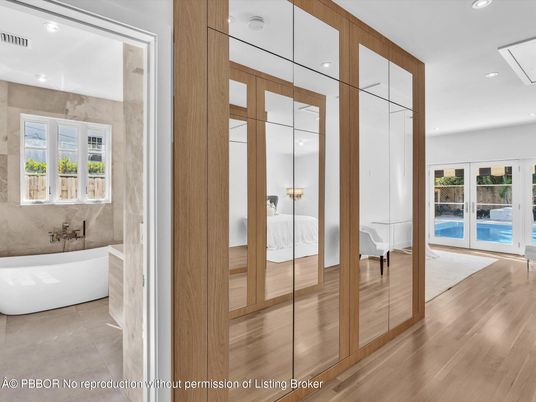 Bathroom, Free Standing Baths, Interior, Recessed Lighting, Wood Texture Flooring