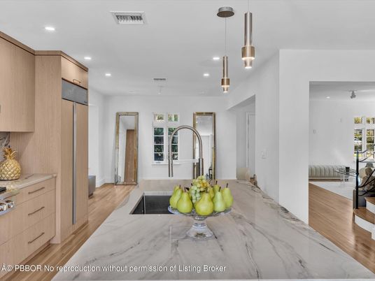 Interior, Kitchen, Marble, Pendant Lights, Recessed Lighting, Wood Texture Flooring